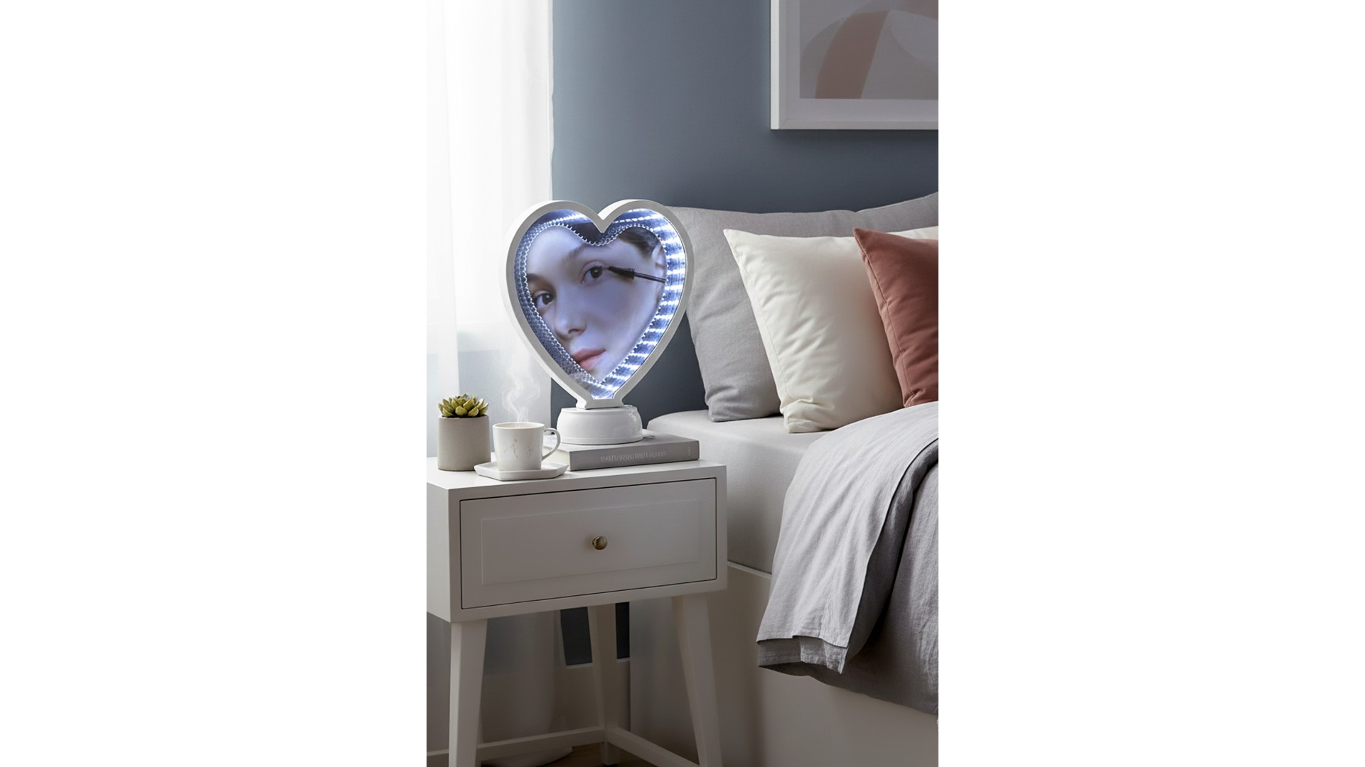 3D led ışıklı sihirli aynalı yuvarlak fotoğraf çerçevesi açık ve kapalı görünüm