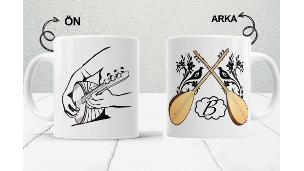 Kişiye Özel B Harfli Saz (Bağlama) Temalı Porselen Kupa-MiksHediye