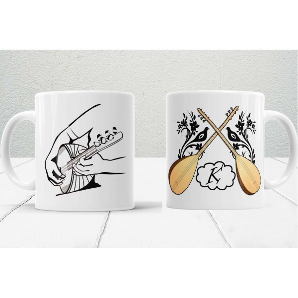 Kişiye Özel K Harfli Saz (Bağlama) Temalı Porselen Kupa-MiksHediye